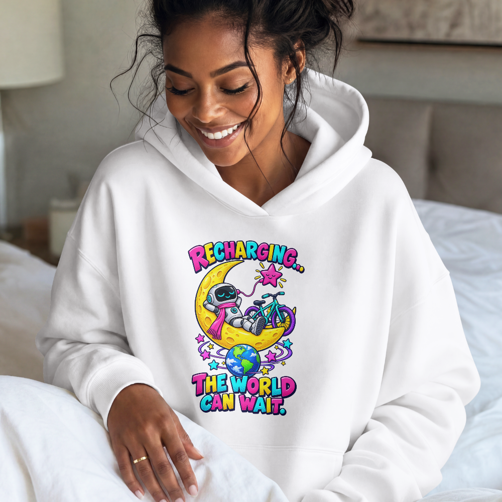 Recharging The World Can Wait Hoodie | Cute Robot Moon Sweatshirt | Cozy Introvert Hoodie | Self Care Gift